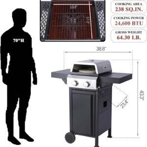 2-Burner Propane Gas BBQ Grill with Wire Enamel Cooking Grids & Pizza Box 24,600 BTU Output Stainless Steel Grill with Foldable Side Table for Outdoor Backyard Barbecue
