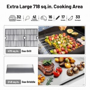 2-in-1 Propane Griddle Grill Combo 38200 BTU, 4-Burner Propane Gas Grill with 2 Foldable Side Tables for Outdoor Cooking Camping Patio Backyard (Grill + Griddle)