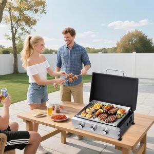 3-Burner Propane Gas Grill & Griddle Combo - 28680 BTU Tabletop Teppanyaki Grill with Cast Iron Surface & Enameled Body  Portable Outdoor Cookstation for Camping Tailgating Barbecue
