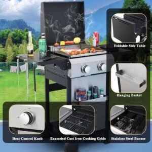 2 Burner Propane Gas Grill Flat Top BBQ Grill with Foldable Side Table SS Plancha 24600 BTU Outdoor Barbecue Grills with Replaceable Griddle and Wire Enamel Grids Gauge Auto Ignition for Teppanyaki