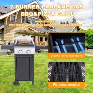 2-Burner Propane Gas BBQ Grill with Wire Enamel Cooking Grids & Pizza Box 24,600 BTU Output Stainless Steel Grill with Foldable Side Table for Outdoor Backyard Barbecue