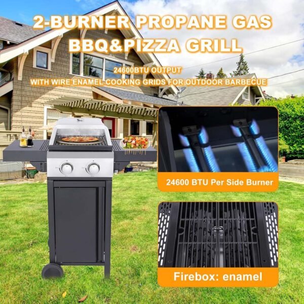 2-Burner Propane Gas BBQ Grill with Wire Enamel Cooking Grids & Pizza Box 24,600 BTU Output Stainless Steel Grill with Foldable Side Table for Outdoor Backyard Barbecue - Image 4