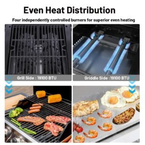 2-in-1 Propane Griddle Grill Combo 38200 BTU, 4-Burner Propane Gas Grill with 2 Foldable Side Tables for Outdoor Cooking Camping Patio Backyard (Grill + Griddle)