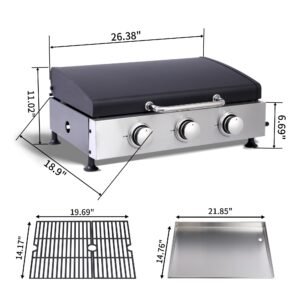 3-Burner Propane Gas Grill & Griddle Combo - 28680 BTU Tabletop Teppanyaki Grill with Cast Iron Surface & Enameled Body  Portable Outdoor Cookstation for Camping Tailgating Barbecue