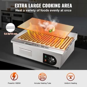 Commercial Electric Griddle 21" 1600W Countertop Flat Top Griddle Stainless Steel Teppanyaki Grill w/Iron Cooking Plate 122-572℉ Adjustable Temp Control 2 Shovels & Brushes 110V