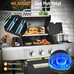 3-Burner Propane Gas Grill with Side Burner, 40,500 BTU Stainless Steel BBQ - Easy Assembly & Grease Management for Patio, Backyard, Camping (3+1Burner )