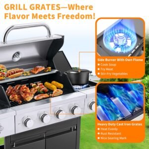 Propane Grill 4 Burner Barbecue Grill Stainless Steel Gas Grill with Side Burner 46,500 BTU