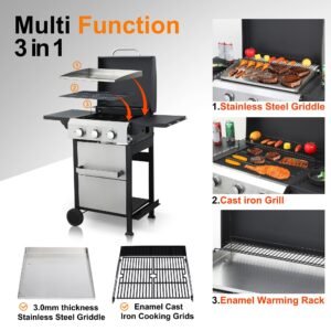 3-Burner Flat Top Propane Gas Grill Stainless Steel Griddle Combo with Foldable Side Table, 36,900 BTU Outdoor BBQ Grill, Porcelain-Enameled Cast Iron Grids, for Backyard, Patio Cooking