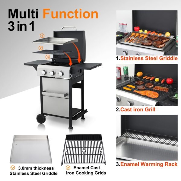 3-Burner Flat Top Propane Gas Grill Stainless Steel Griddle Combo with Foldable Side Table, 36,900 BTU Outdoor BBQ Grill, Porcelain-Enameled Cast Iron Grids, for Backyard, Patio Cooking - Image 2