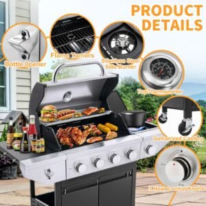 Propane Grill 4 Burner Barbecue Grill Stainless Steel Gas Grill with Side Burner 46,500 BTU