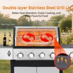 4-Burner Propane Gas BBQ Grill, Stainless Steel Propane Grill 46,790 BTU Outdoor Cabinet Style with Wheels, Wire Rack and Two Foldable Side Table for Outdoor Barbecue Cooking (5-Burner Grill)