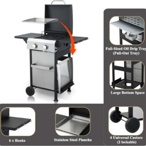 2 Burner Propane Gas Grill Flat Top BBQ Grill with Foldable Side Table SS Plancha 24600 BTU Outdoor Barbecue Grills with Replaceable Griddle and Wire Enamel Grids Gauge Auto Ignition for Teppanyaki