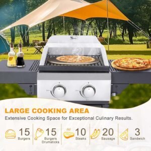 2-Burner Propane Gas BBQ Grill with Wire Enamel Cooking Grids & Pizza Box 24,600 BTU Output Stainless Steel Grill with Foldable Side Table for Outdoor Backyard Barbecue