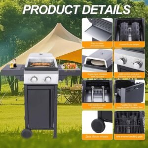 2-Burner Propane Gas BBQ Grill with Wire Enamel Cooking Grids & Pizza Box 24,600 BTU Output Stainless Steel Grill with Foldable Side Table for Outdoor Backyard Barbecue