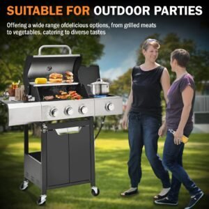 3-Burner Propane Gas Grill with Side Burner, 40,500 BTU Stainless Steel BBQ - Easy Assembly & Grease Management for Patio, Backyard, Camping (3+1Burner )