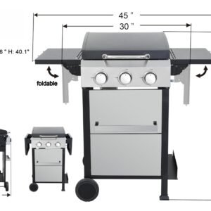 3-Burner Flat Top Propane Gas Grill Stainless Steel Griddle Combo with Foldable Side Table, 36,900 BTU Outdoor BBQ Grill, Porcelain-Enameled Cast Iron Grids, for Backyard, Patio Cooking