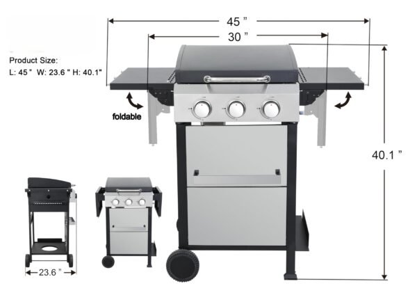 3-Burner Flat Top Propane Gas Grill Stainless Steel Griddle Combo with Foldable Side Table, 36,900 BTU Outdoor BBQ Grill, Porcelain-Enameled Cast Iron Grids, for Backyard, Patio Cooking - Image 6
