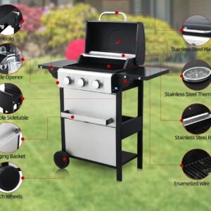 3-Burner Propane Gas Grill with 2 Foldable Side Tables 25,650 BTU Outdoor BBQ Grill with Porcelain-Enameled Flame Tamers Built-in Thermometer Easy Assembly for Patio Backyard BBQ