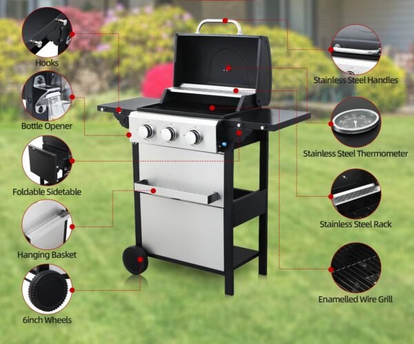3-Burner Propane Gas Grill with 2 Foldable Side Tables 25,650 BTU Outdoor BBQ Grill with Porcelain-Enameled Flame Tamers Built-in Thermometer Easy Assembly for Patio Backyard BBQ - Image 7