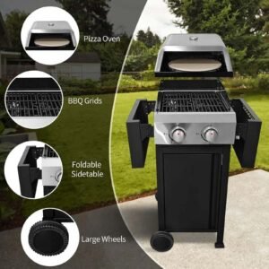 2-Burner Propane Gas BBQ Grill with Wire Enamel Cooking Grids & Pizza Box 24,600 BTU Output Stainless Steel Grill with Foldable Side Table for Outdoor Backyard Barbecue