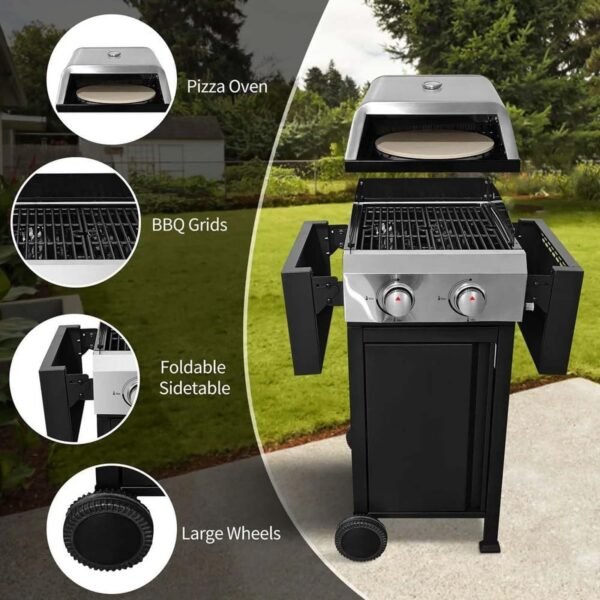 2-Burner Propane Gas BBQ Grill with Wire Enamel Cooking Grids & Pizza Box 24,600 BTU Output Stainless Steel Grill with Foldable Side Table for Outdoor Backyard Barbecue - Image 7