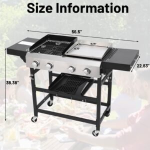 2-in-1 Propane Griddle Grill Combo 38200 BTU, 4-Burner Propane Gas Grill with 2 Foldable Side Tables for Outdoor Cooking Camping Patio Backyard (Grill + Griddle)