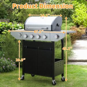 Propane Grill 4 Burner Barbecue Grill Stainless Steel Gas Grill with Side Burner 46,500 BTU