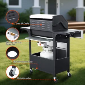 4-Burner Propane Gas BBQ Grill, Stainless Steel Propane Grill 46,790 BTU Outdoor Cabinet Style with Wheels, Wire Rack and Two Foldable Side Table for Outdoor Barbecue Cooking (5-Burner Grill)