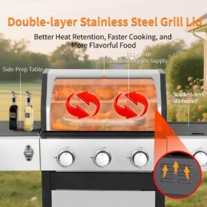 3-Burner Propane Gas BBQ Grill, Stainless Steel Propane Grill  37,230 BTU Outdoor Cabinet Style with Wheels, Wire Rack and Two Foldable Side Table for Outdoor Barbecue Cooking (4 Burner Grill)