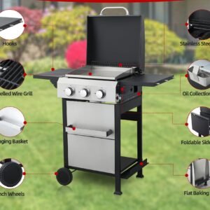 3-Burner Flat Top Propane Gas Grill Stainless Steel Griddle Combo with Foldable Side Table, 36,900 BTU Outdoor BBQ Grill, Porcelain-Enameled Cast Iron Grids, for Backyard, Patio Cooking