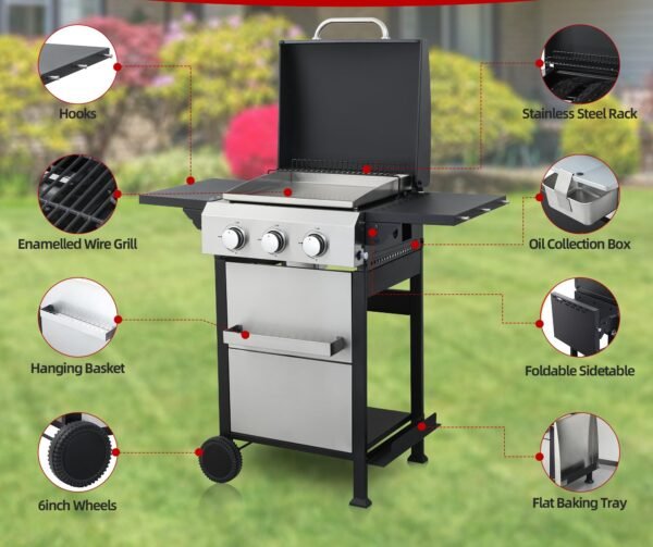 3-Burner Flat Top Propane Gas Grill Stainless Steel Griddle Combo with Foldable Side Table, 36,900 BTU Outdoor BBQ Grill, Porcelain-Enameled Cast Iron Grids, for Backyard, Patio Cooking - Image 7