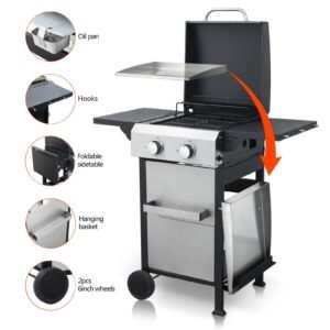 2 Burner Propane Gas Grill Flat Top BBQ Grill with Foldable Side Table SS Plancha 24600 BTU Outdoor Barbecue Grills with Replaceable Griddle and Wire Enamel Grids Gauge Auto Ignition for Teppanyaki