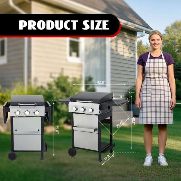 3-Burner Flat Top Propane Gas Grill Stainless Steel Griddle Combo with Foldable Side Table, 36,900 BTU Outdoor BBQ Grill, Porcelain-Enameled Cast Iron Grids, for Backyard, Patio Cooking - Image 8